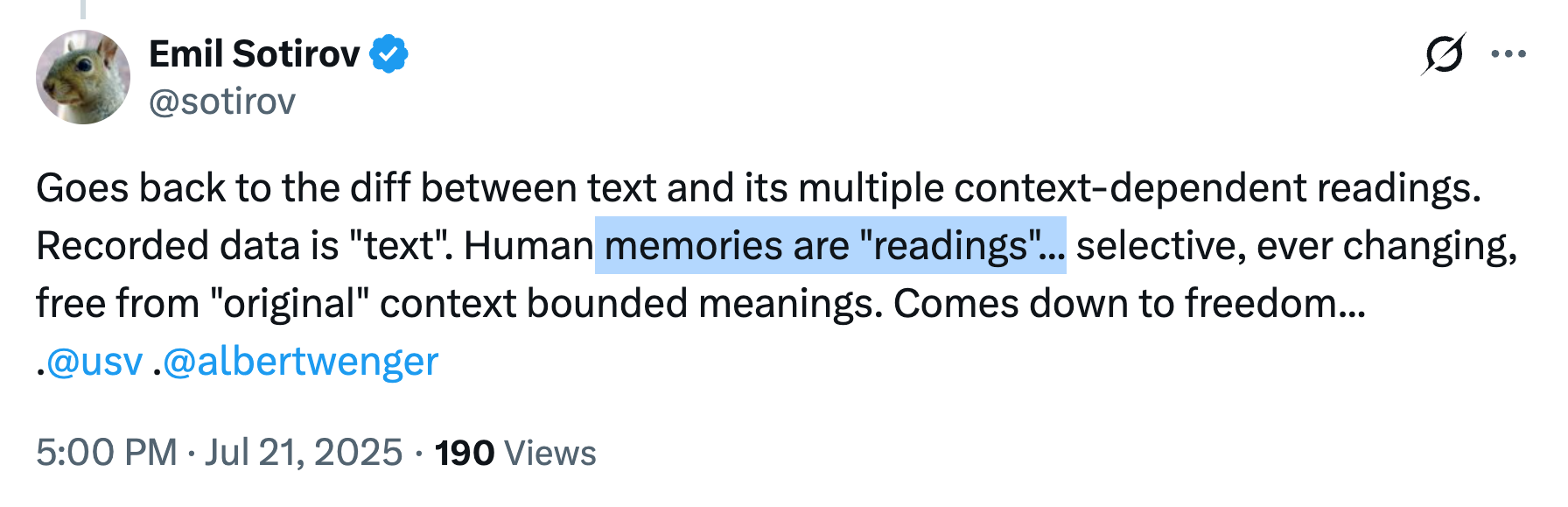 Tweet by Emil Sotirov: "Human memories are readings"